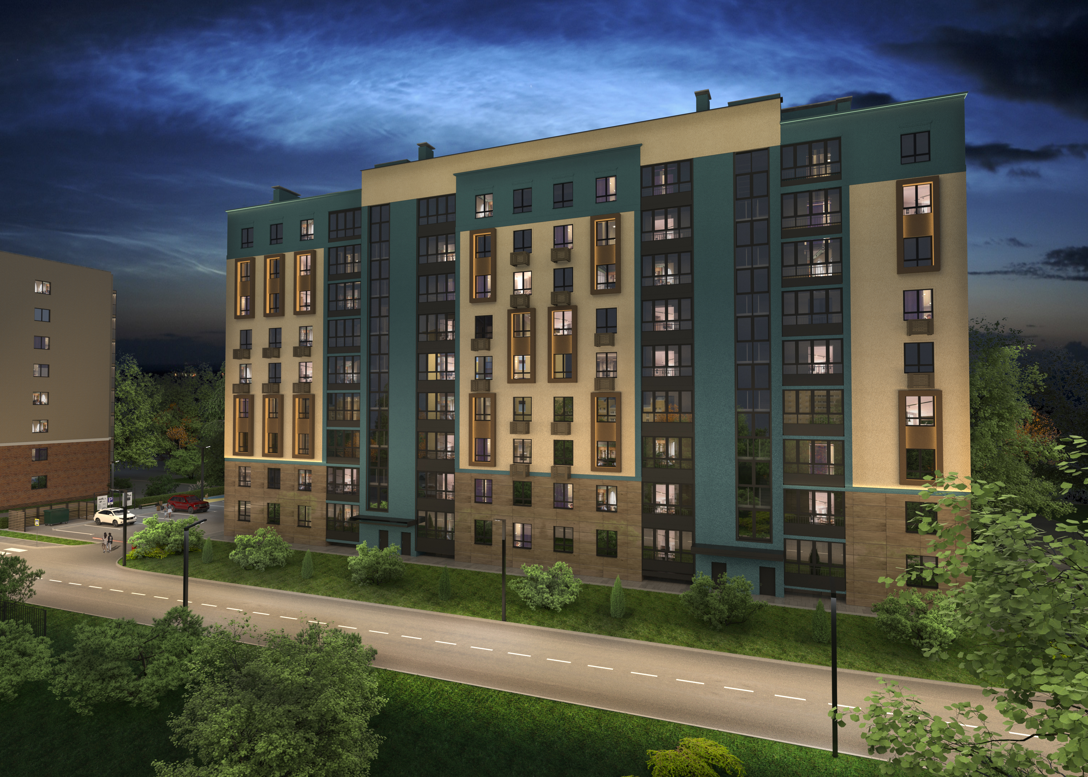 Фасад Клубного дома Атлас - ночной вид 1