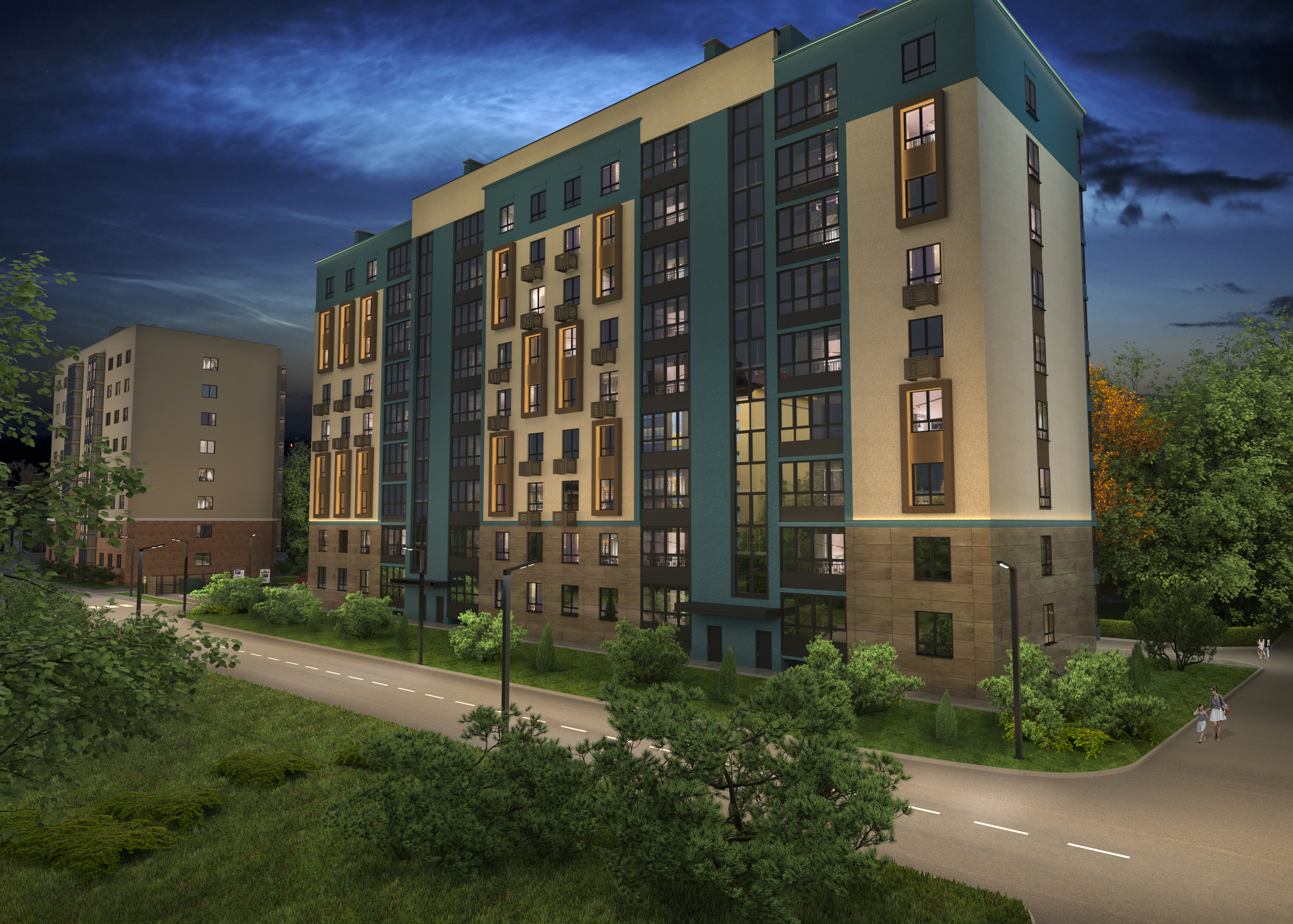 Фасад Клубного дома Атлас - ночной вид 2